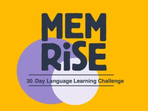 a yellow and purple background with words and circles. Memrise app. {Tech} for Travel. https://techfortravel.co.uk