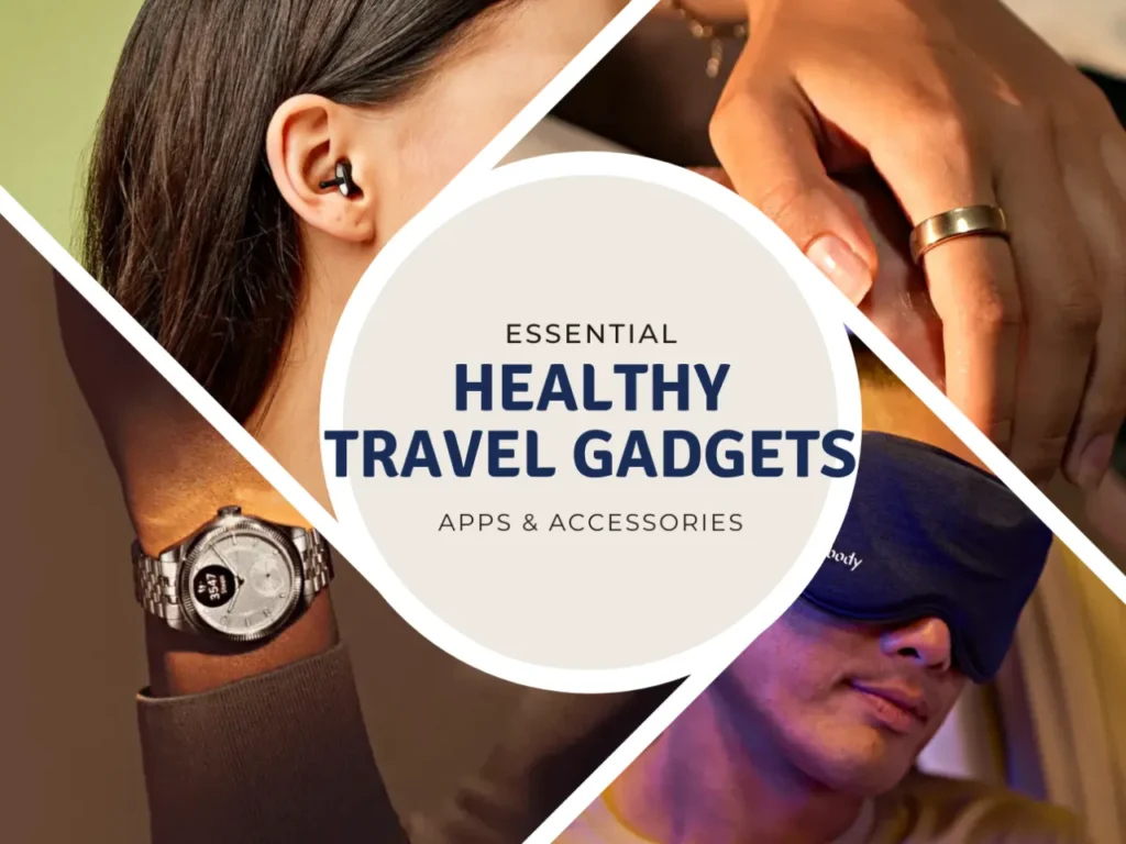 Must-Have Essential Healthy Travel Gadgets Accessories – {Tech} for Travel a collage of a woman wearing a blindfold. Healthy Travel Gadgets. {Tech} for Travel. https://techfortravel.co.uk