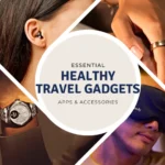 Must-Have Essential Healthy Travel Gadgets & Accessories a collage of a woman wearing a blindfold. Healthy Travel Gadgets. {Tech} for Travel. https://techfortravel.co.uk