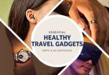 Must-Have Essential Healthy Travel Gadgets & Accessories a collage of a woman wearing a blindfold. Healthy Travel Gadgets. {Tech} for Travel. https://techfortravel.co.uk