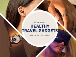 a collage of a woman wearing a blindfold. Healthy Travel Gadgets. {Tech} for Travel. https://techfortravel.co.uk