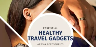 Must-Have Essential Healthy Travel Gadgets & Accessories a collage of a woman wearing a blindfold. Healthy Travel Gadgets. {Tech} for Travel. https://techfortravel.co.uk
