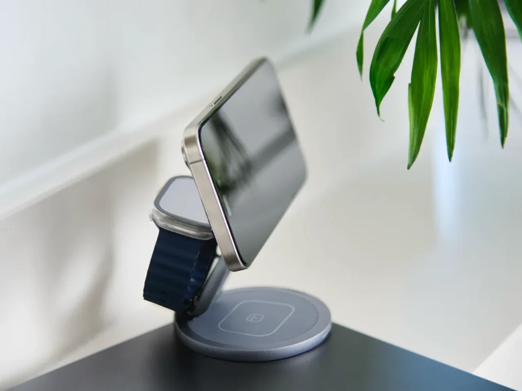 QDOS SnapStand Qi2 3-in-1 Wireless Charger – {Tech} for Travel a smart watch and a smartwatch on a wireless charger. QDOS Qi2 Wireless Charger. Father's Day Gift Ideas. {Tech} for Travel. https://techfortravel.co.uk