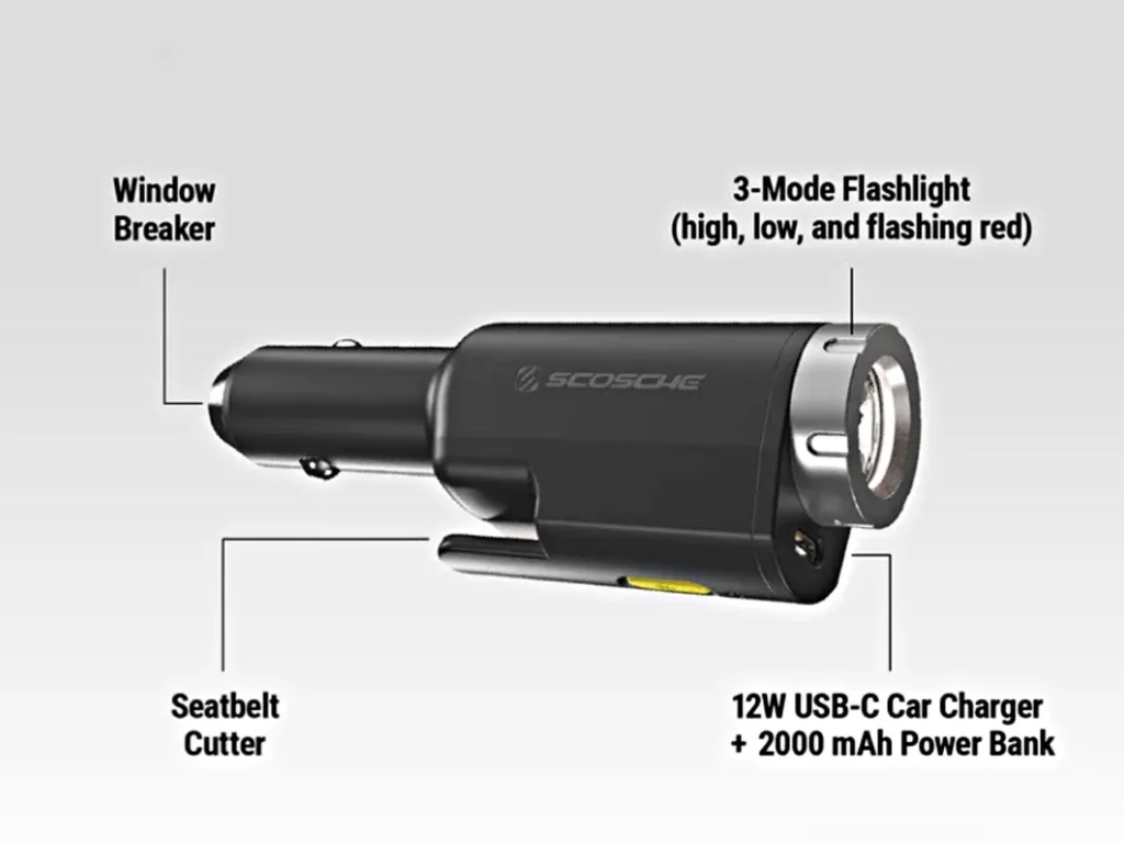 Scoschse GoBat 5-in-1 Car tool – {Tech} for Travel a black flashlight with text on it. Scosche GoBat 5 in 1 car tool. Father's Day Gift Ideas. {Tech} for Travel. https://techfortravel.co.uk