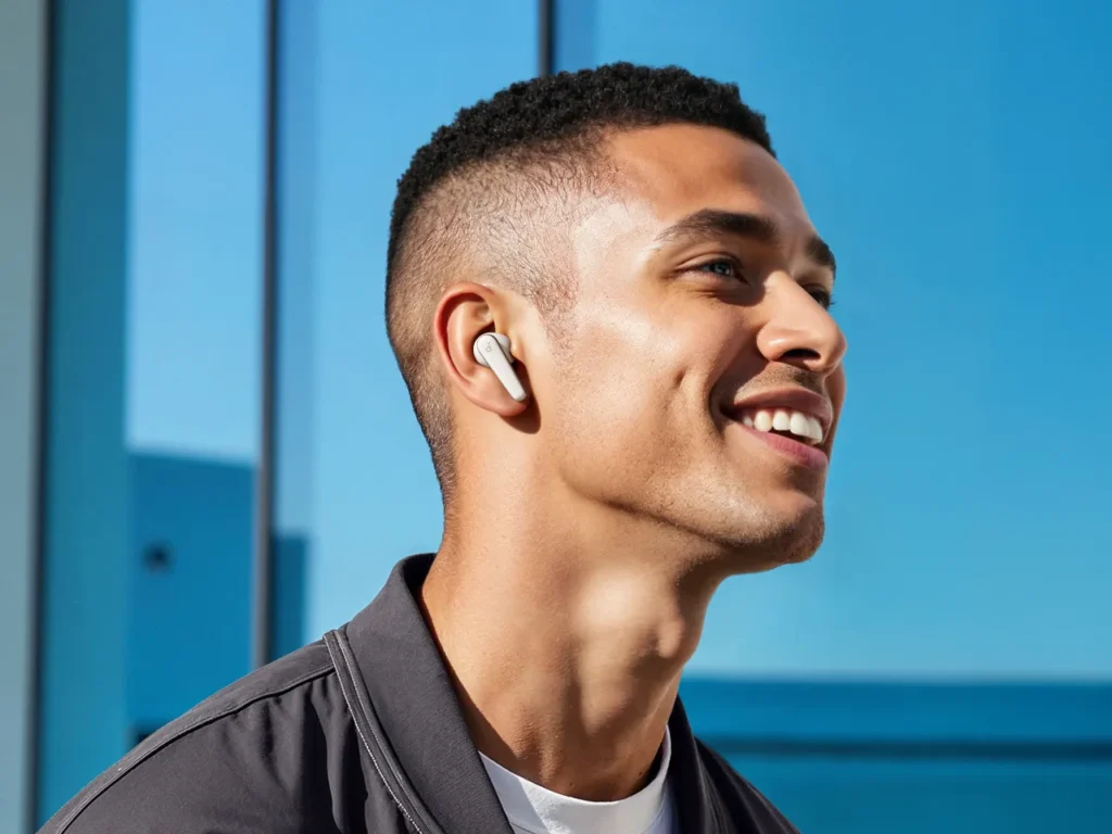 Soundcore Liberty 5 Earbuds Hero – {Tech} for Travel a man smiling with earbuds. Soundcore Liberty 5 Earbuds. {Tech} for Travel. https://techfortravel.co.uk