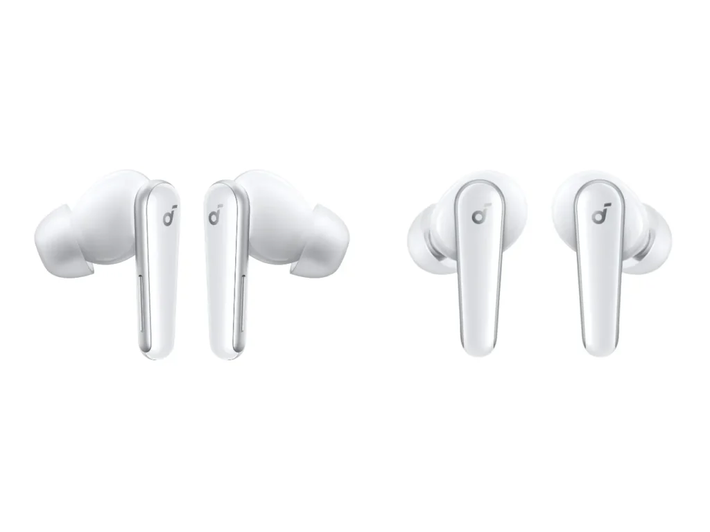 Soundcore Liberty 5 Earbuds Stem – {Tech} for Travel a pair of white earbuds. Soundcore Liberty 5 review Earbuds. {Tech} for Travel. https://techfortravel.co.uk