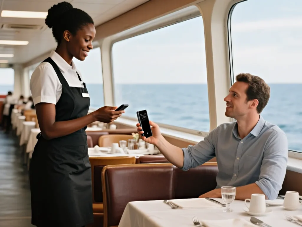 a woman holding a phone to a man sitting at a table. Timekettle T1 AI Translator. {Tech} for Travel. https://techfortravel.co.uk