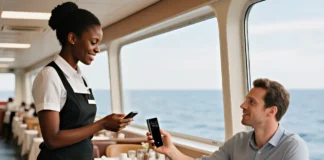 Offline translation gets faster with the Timekettle T1 AI Translator a woman holding a phone to a man sitting at a table. Timekettle T1 AI Translator. {Tech} for Travel. https://techfortravel.co.uk