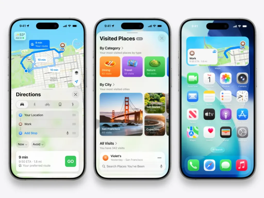 Apple Maps in iOS26 – {Tech} for Travel a group of cell phones with a map on the screen. WWDC 2025. Apple Maps in iOS26. iPhone for Travel. {Tech} for Travel. https://techfortravel.co.uk