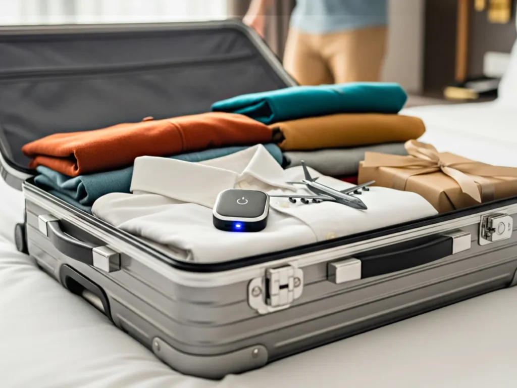 Best Luggage Trackers – {Tech} for Travel a suitcase with folded clothes and a remote control. Best Luggage Trackers. {Tech} for Travel. https://techfortravel.co.uk