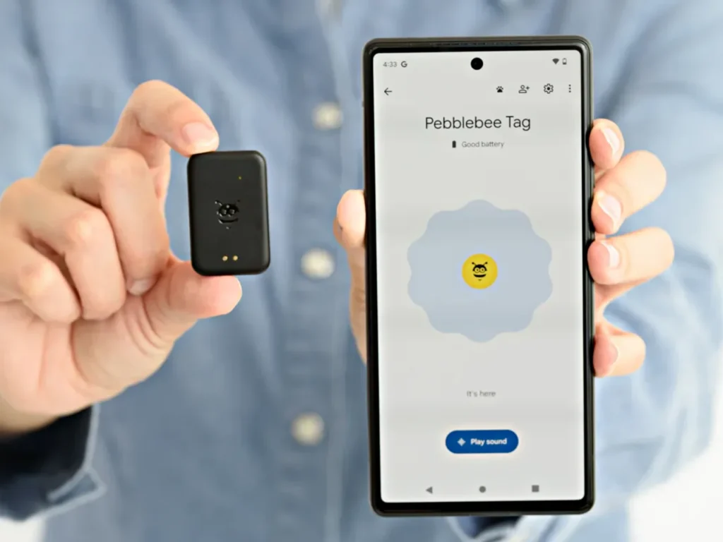 Pebblebee Tag Universal – {Tech} for Travel a person holding a device. Best Luggage Tracker. Pebblebee Tag Universal. {Tech} for Travel. https://techfortravel.co.uk. Best Luggage Trackers
