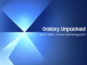 a blue background with white text. Samsung Galaxy Unpacked July 2025