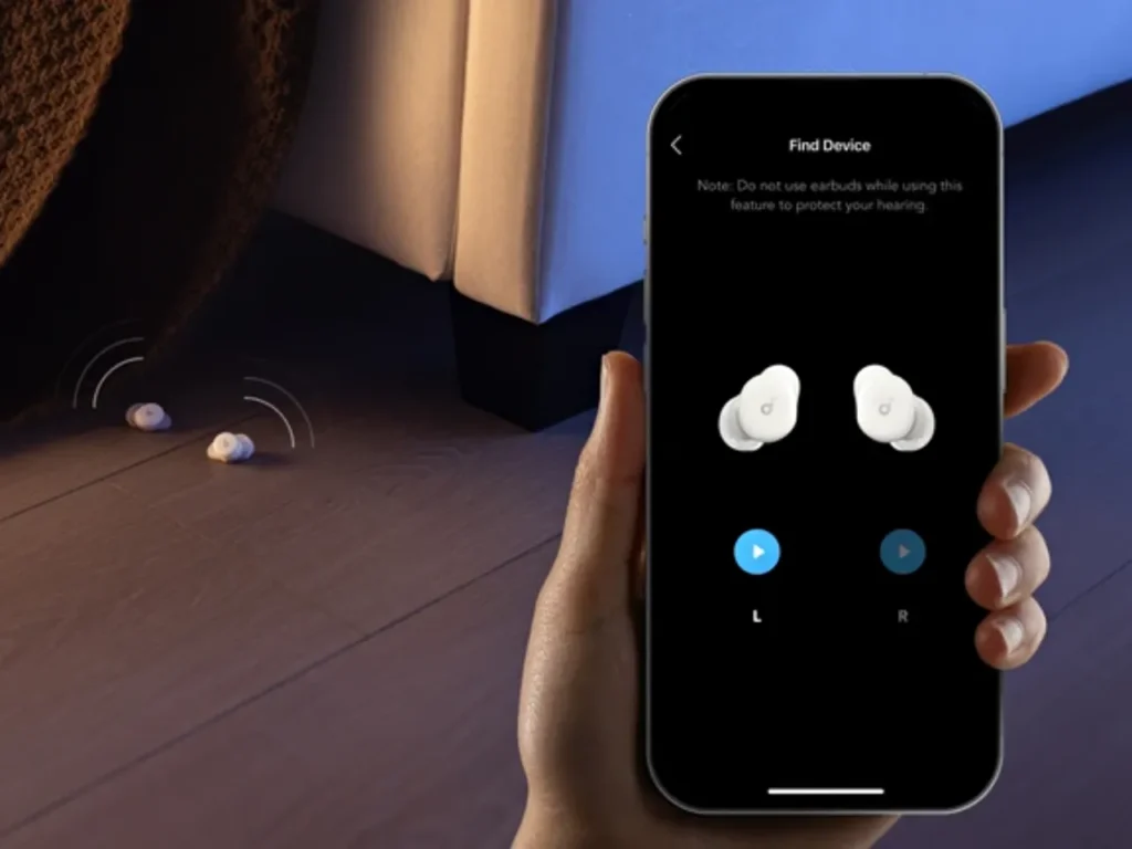 Soundcore Sleep A30 App Find My – {Tech} for Travel a hand holding a phone. Soundcore Sleep A30. {Tech} for Travel. https://techfortravel.co.uk