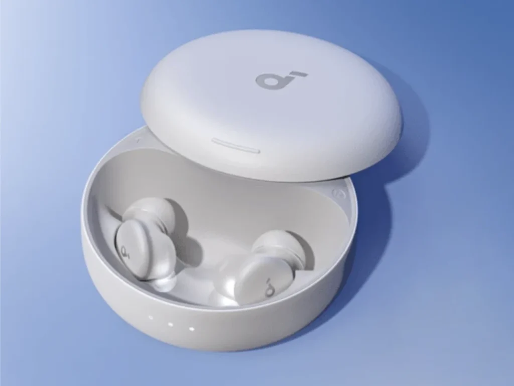 Soundcore Sleep A30 Hero – {Tech} for Travel a white round box with a lid open. Soundcore Sleep A30. {Tech} for Travel. https://techfortravel.co.uk