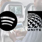 a man using a phone and a logo. United Airlines Spotify. {Tech} for Travel. https://techfortravel.co.uk