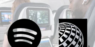 United Airlines Spotify partnership brings free streaming onboard a man using a phone and a logo. United Airlines Spotify. {Tech} for Travel. https://techfortravel.co.uk
