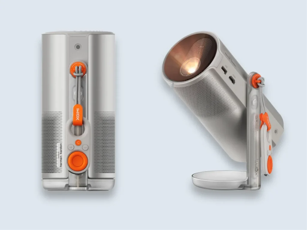XGIMI MoGo 4 Laser Projector – {Tech} for Travel a close up of a speaker. XGIMI MoGO 4 series Projector. {Tech} for Travel. https://techfortravel.co.uk