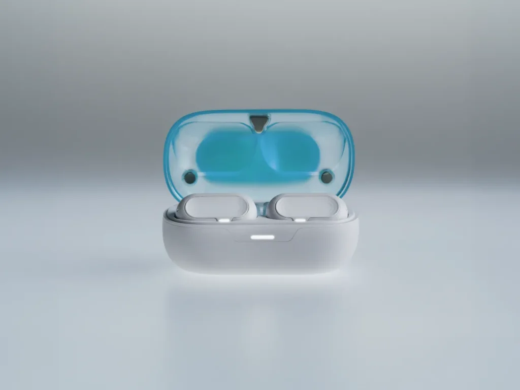 Natura AI HumanPods Case – {Tech} for Travel a white and blue earbuds in a case. Natura AI. {Tech} for Travel. https://techfortravel.co.uk