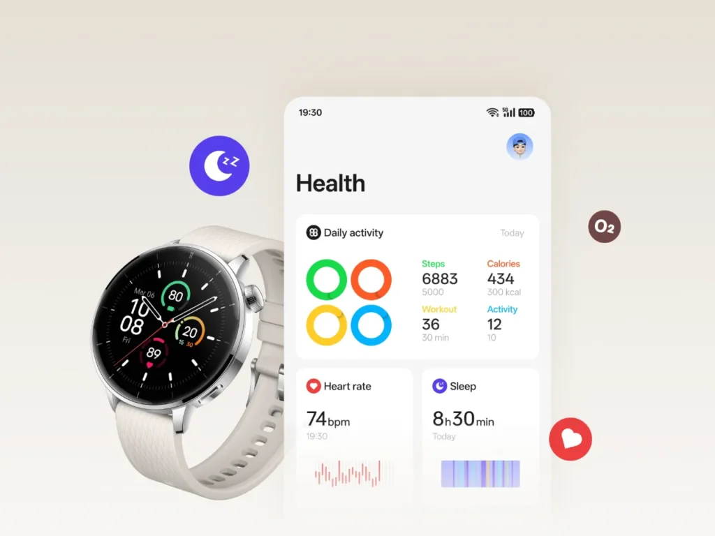 OnePlus Watch 3 43mm Health metrics – {Tech} for Travel a smart watch with a white band. OnePlus Watch 3 43mm Health metrics. {Tech} for Travel. https://techfortravel.co.uk