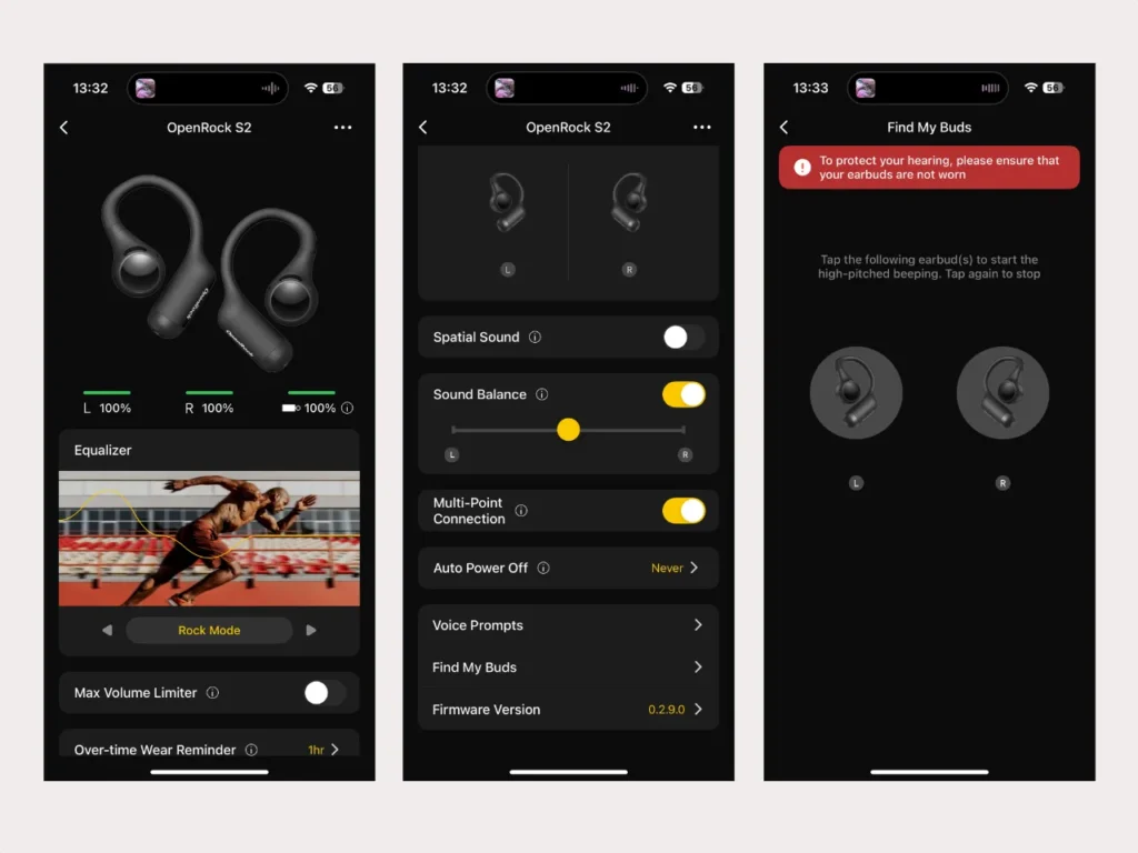 OpenRock S2 Earbuds App – {Tech} for Travel screens screenshot of a phone. OpenRock S2 Earbuds review. {Tech} for Travel. https://techfortravel.co.uk