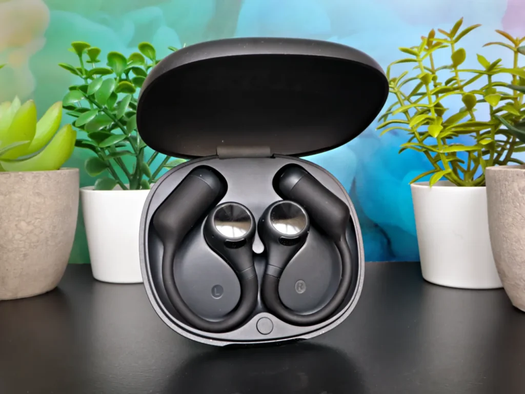 OpenRock S2 Earbuds Case Open – {Tech} for Travel a black earbuds in a case. OpenRock S2 Earbuds review. {Tech} for Travel. https://techfortravel.co.uk