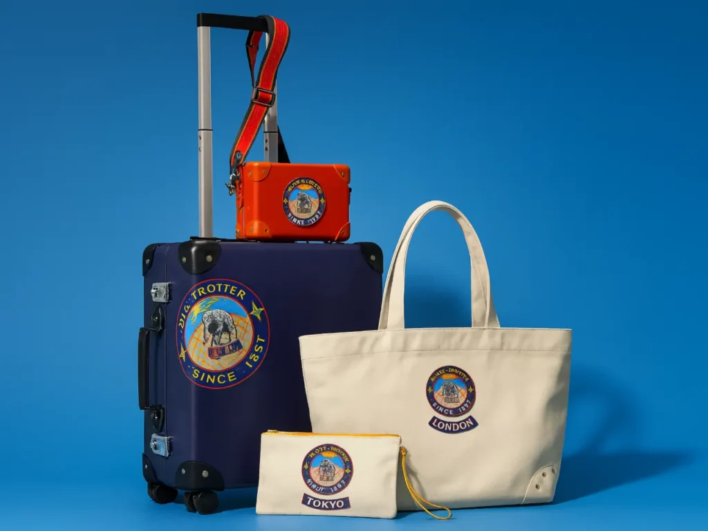 a blue suitcase with a red and yellow logo on it. Globe-Trotter Explorer Carry-On collection. {Tech} for Travel. https://techfortravel.co.uk