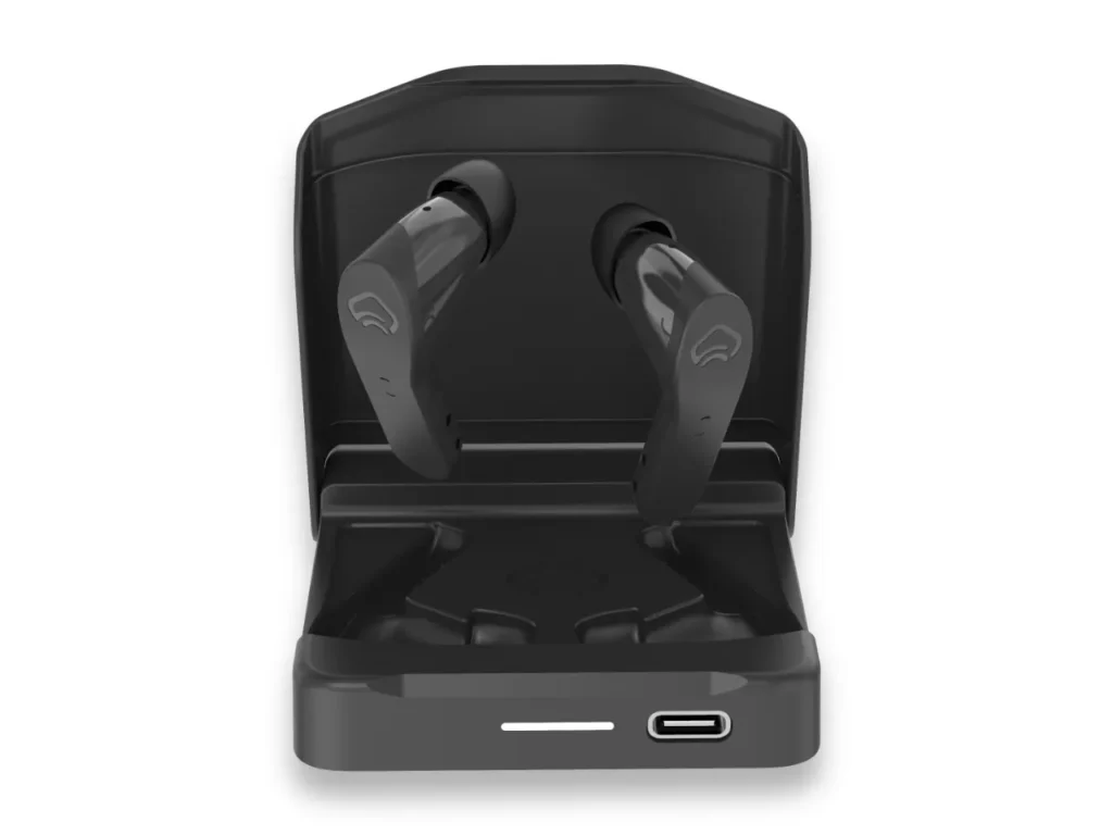 a black wireless earbuds in a charging case. Komutr MagSafe earbuds. IFA 2025 News. {Tech} for Travel. https://techfortravel.co.uk