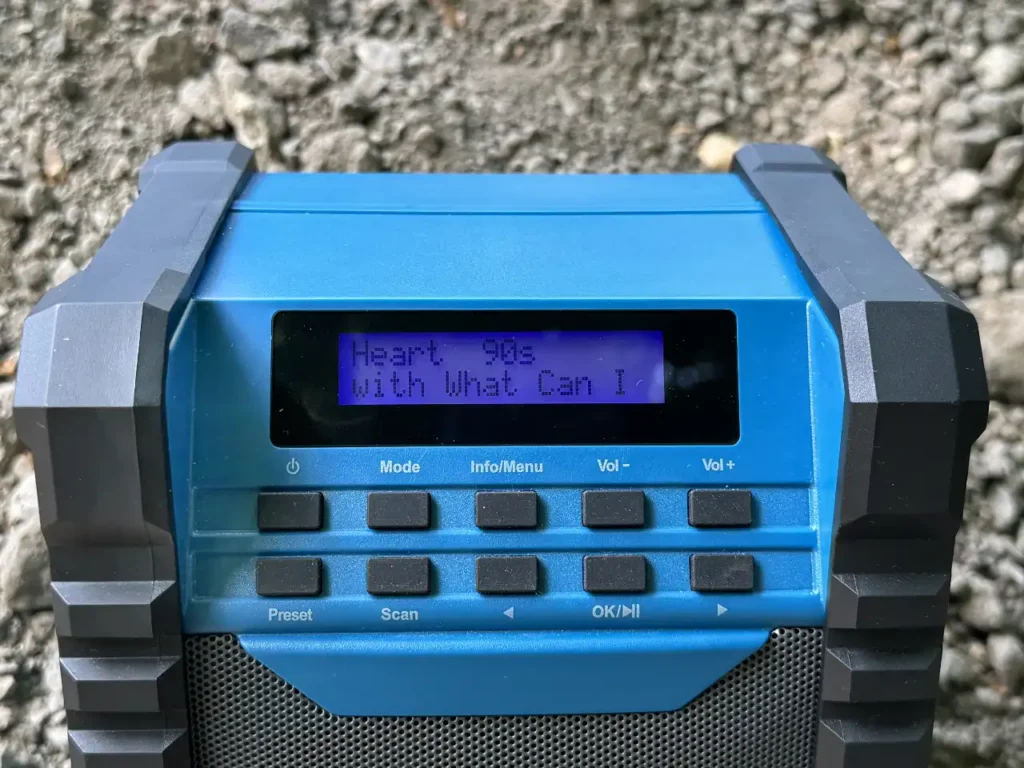 Majority Landbeach controls – {Tech} for Travel a blue and black radio with a display. Majority Landbeach speaker review. {Tech} for Travel. https://techfortravel.co.uk