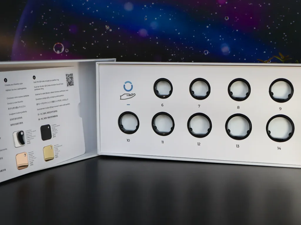 a box with a white box with black circles. RingConn Gen 2 Smart Ring Review. {Tech} for Travel. https://techfortravel.co.uk