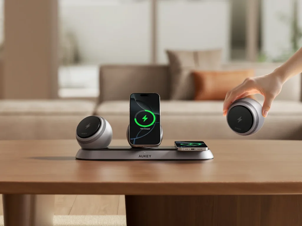 a hand holding a phone and a wireless charger. AUKEY MagFusion Ark. IFA 2025 news. {Tech} for Travel. https://techfortravel.co.uk