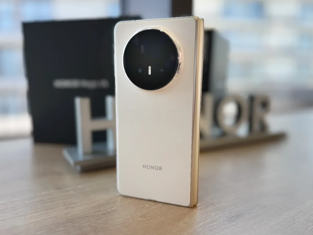 a white rectangular device with a circle on it. HONOR Magic V5 Review. {Tech} for Travel. https://techfortravel.co.uk