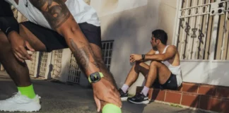 Fresh Nomad Tempo Band launch for Apple Watch 2025 a pair of men sitting on steps. Nomad Tempo Band. {Tech} for Travel. https://techfortravel.co.uk