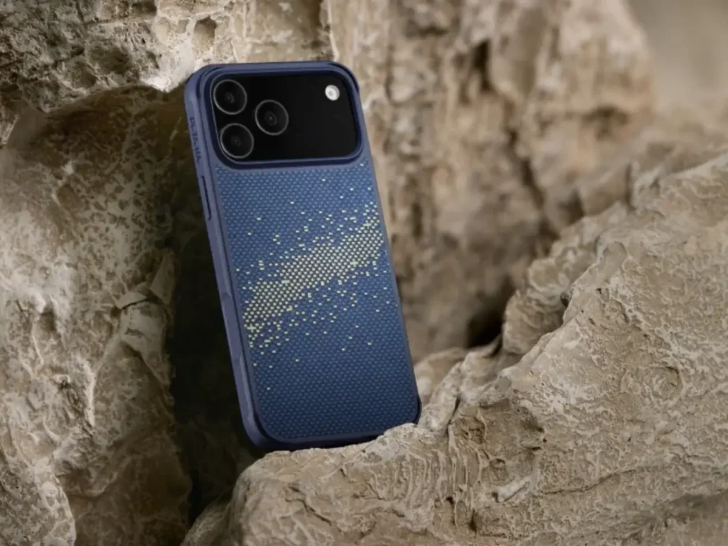 Pitaka iPhone 17 Pro Milky Way – {Tech} for Travel a cell phone on a rock. Best Apple iPhone 17 Cases. Apple iPhone 17 Pro Cases. Apple iPhone 17 Pro Max Cases. {Tech} for Travel. https://techfortravel.co.uk