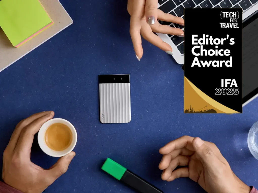 Plaud Note Pro AWARD – {Tech} for Travel hands holding a cup of coffee and a keyboard. Best of IFA 2025. {Tech} for Travel. https://techfortravel.co.uk