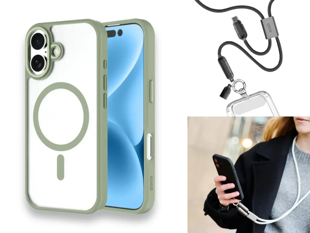 QDOS Soft Touch Case – {Tech} for Travel a cell phone case with a cord attached to it. Best Apple iPhone 17 Cases. Apple iPhone 17 Pro Cases. Apple iPhone 17 Pro Max Cases. {Tech} for Travel. https://techfortravel.co.uk