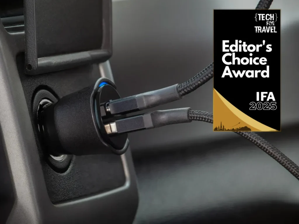 Scosche AWARD – {Tech} for Travel a close up of a plug in a car. Best of IFA 2025. {Tech} for Travel. https://techfortravel.co.uk