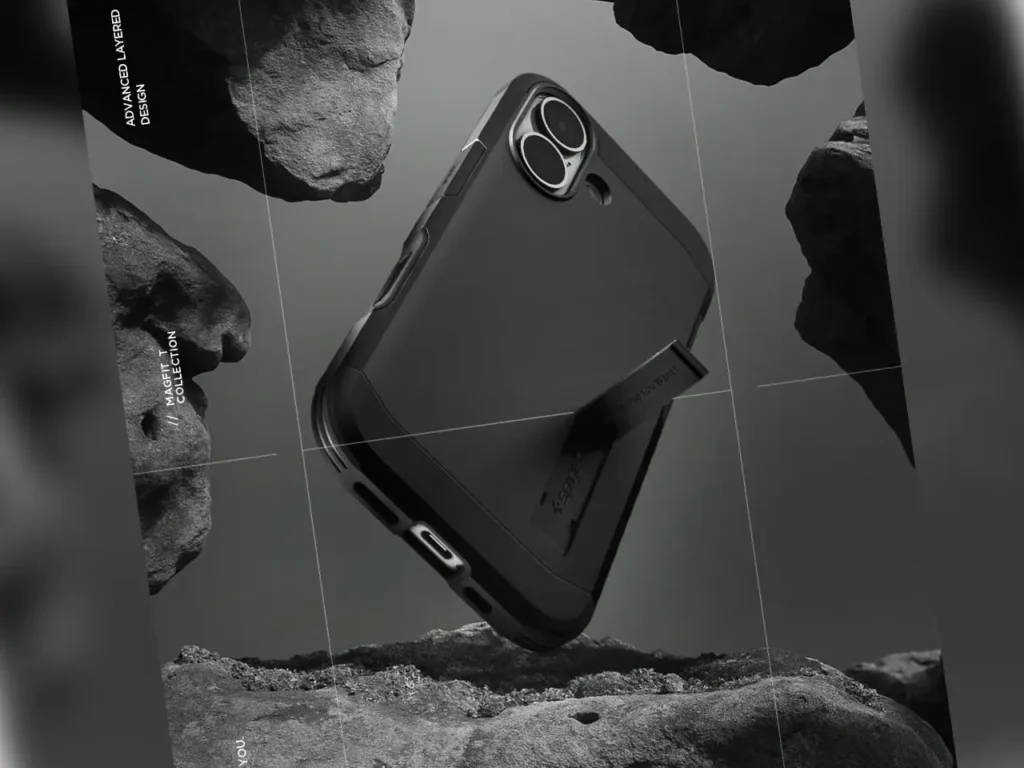 Spigen Tough Armor T iPhone 17 – {Tech} for Travel a cell phone in the air. Best Apple iPhone 17 Cases. Apple iPhone 17 Pro Cases. Apple iPhone 17 Pro Max Cases. {Tech} for Travel. https://techfortravel.co.uk
