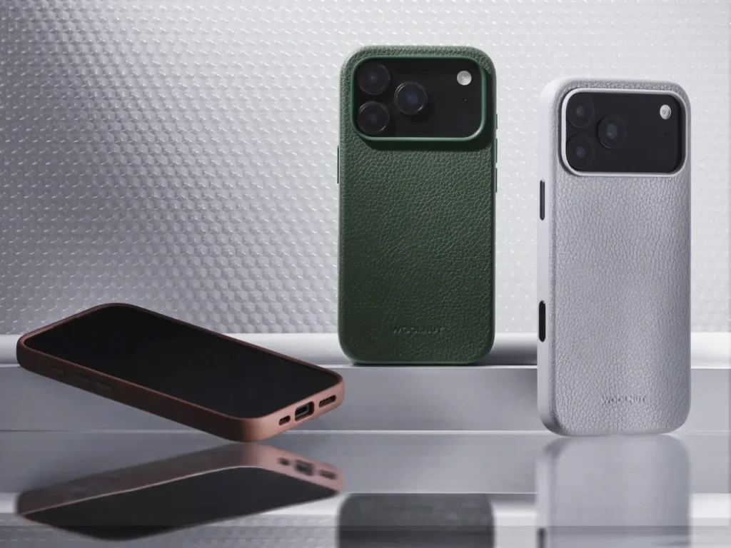 Woolnut Leather Case iPhon 17 Series – {Tech} for Travel a group of cell phones on a shelf. Best Apple iPhone 17 Cases. Apple iPhone 17 Pro Cases. Apple iPhone 17 Pro Max Cases. {Tech} for Travel. https://techfortravel.co.uk