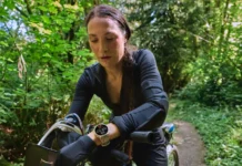 New 44mm Amazfit T-Rex 3 Pro Joins Original 48mm Version a woman on a bicycle in the woods. Amazfit T-Rex 3 Pro 44mm. {Tech} for Travel. https://techfortravel.co.uk