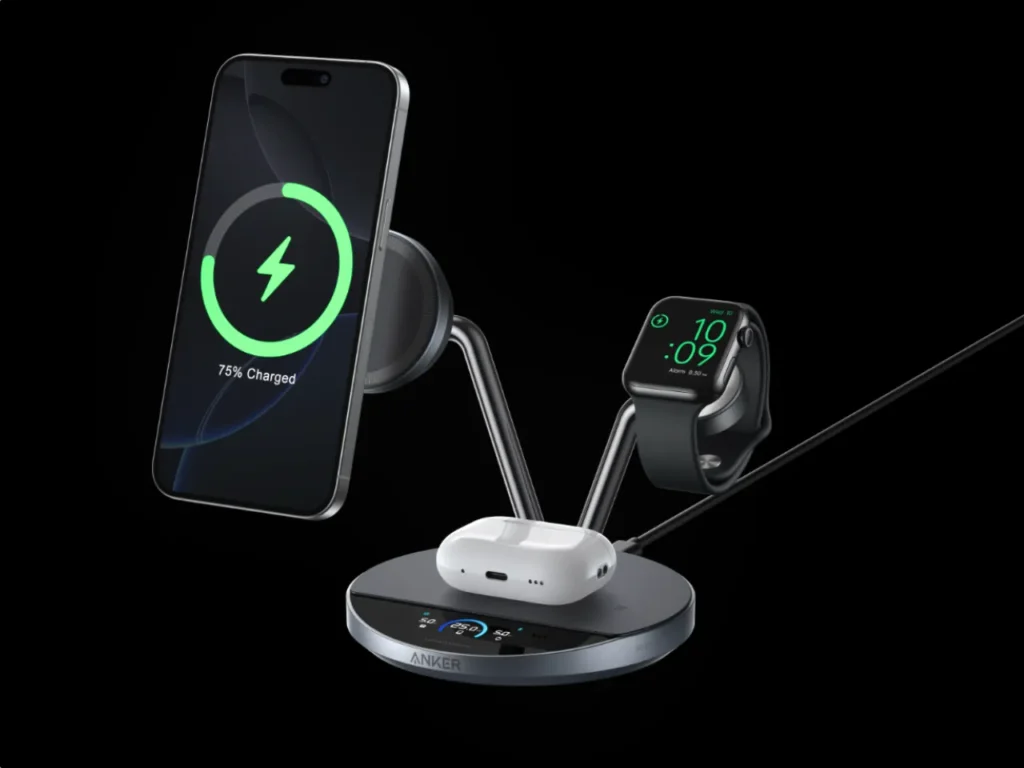 Anker Prime 3 in 1 Charger – {Tech} for Travel a smart watch and a phone on a wireless charger. Anker Prime. {Tech} for Travel. https://techfortravel.co.uk