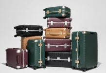 The Away Aluminum Edge Collection Reinvents Iconic Cases a stack of luggage on a white background. Away Aluminum Edge Collection. {Tech} for Travel. https://techfortravel.co.uk