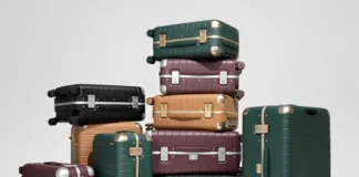 The Away Aluminum Edge Collection Reinvents Iconic Cases a stack of luggage on a white background. Away Aluminum Edge Collection. {Tech} for Travel. https://techfortravel.co.uk