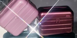 Seasonal Away Metallic Collection Limited Edition goes Festive a stack of luggage with a light shining on it. Away Metallic Collection. {Tech} for Travel. https://techfortravel.co.uk