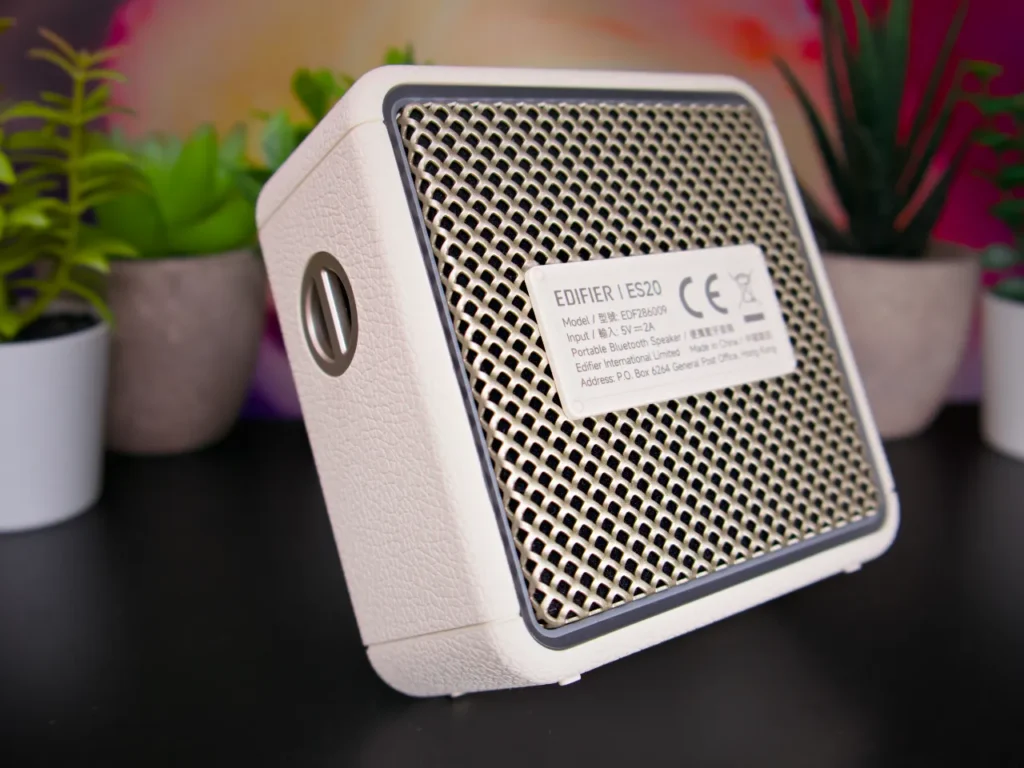 Edifier ES20 Speaker Review Rear – {Tech} for Travel a white square speaker with a white label. Edifier ES20 Speaker Review. {Tech} for Travel. https://techfortravel.co.uk