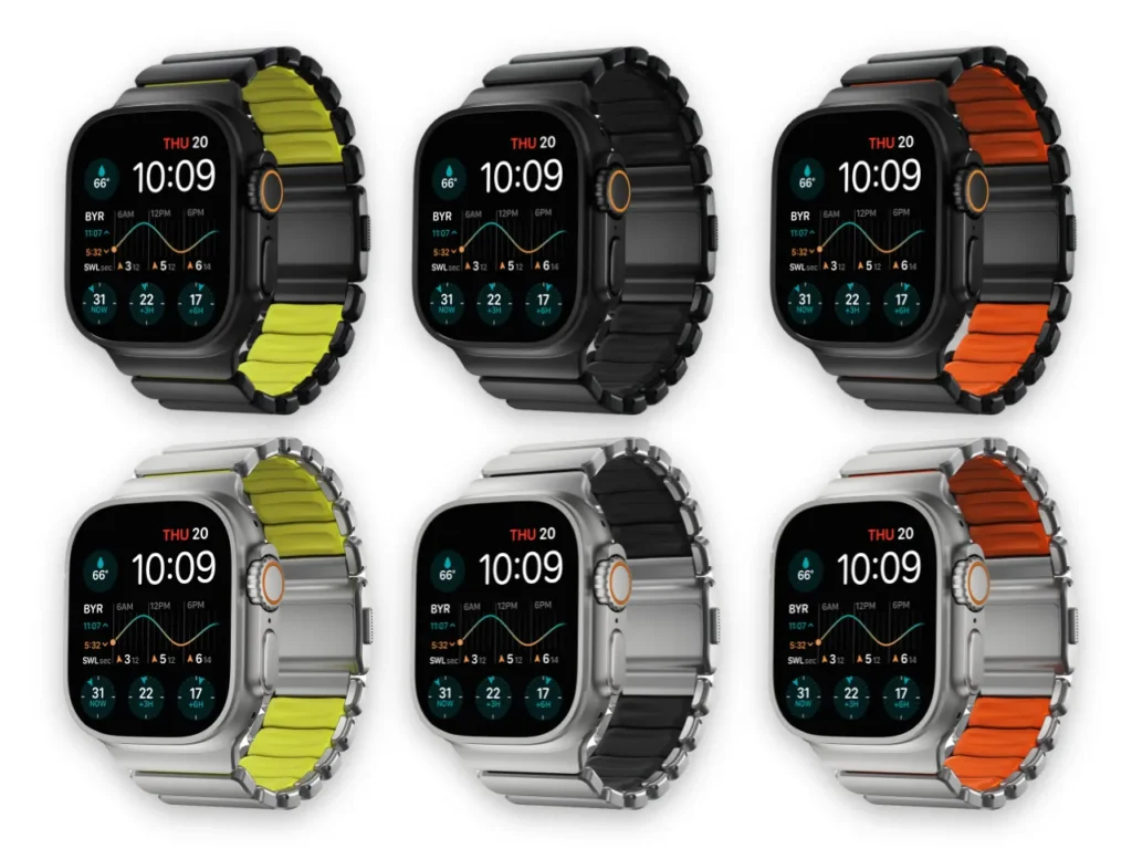 a group of smart watches. Nomad Stratos Apple Watch Band. {Tech} for Travel. https://techfortravel.co.uk