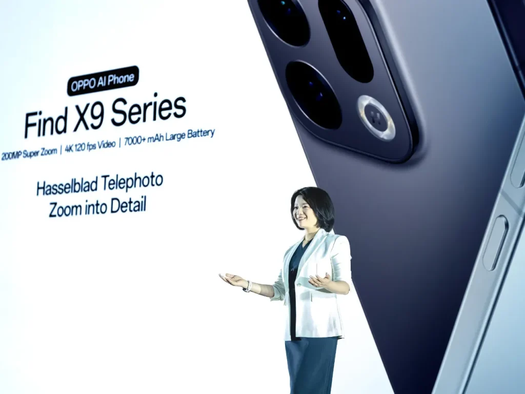 a woman standing in front of a large screen. OPPO Find X9 Series. {Tech} for Travel. https://techfortravel.co.uk