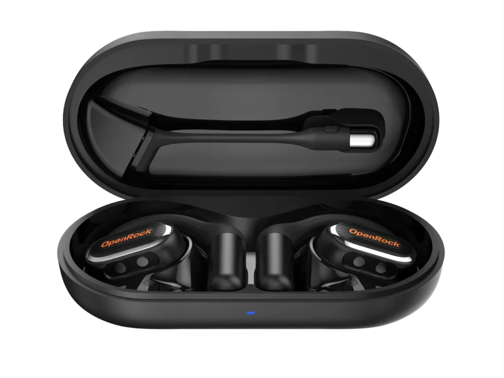 OpenRock Link 20 Charging Case – {Tech} for Travel a black case with a pair of headphones. OpenRock Link 20 Earbuds. {Tech} for Travel. https://techfortravel.co.uk