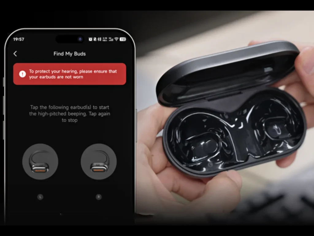 OpenRock Link 20 Earbuds and App – {Tech} for Travel a hand holding a black box with an open lid. OpenRock Link 20 Earbuds. {Tech} for Travel. https://techfortravel.co.uk
