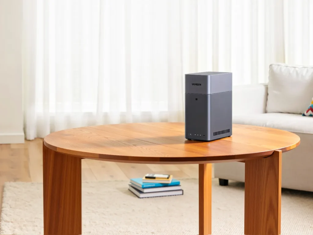 UGREEN NASync DH2300 – {Tech} for Travel a grey rectangular object on a round wooden table. UGREEN NASync Dh2300. {Tech} for Travel. https://techfortravel.co.uk