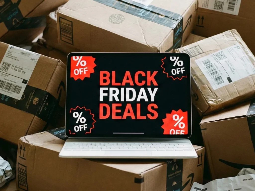 Black Friday and Cyber Monday Round-up – {Tech} for Travel a laptop with a black screen on top of boxes. Black Friday Deals 2025. {Tech} for Travel. https://techfortravel.co.uk